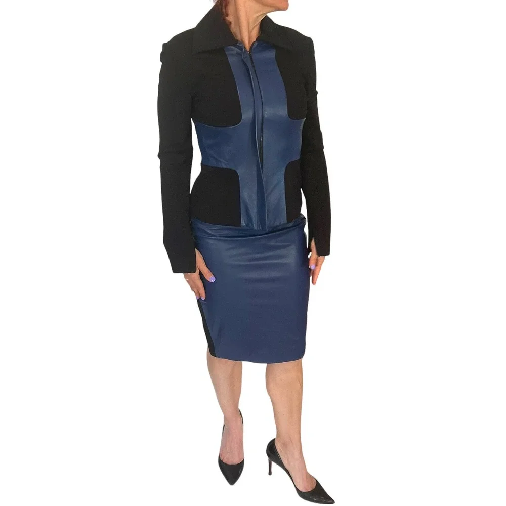 ROBERT RODRIGUEZ  SCUBA NAVY LEATHER COLORBLOCK MOTO JACKET SKIRT SUIT SET 2/4